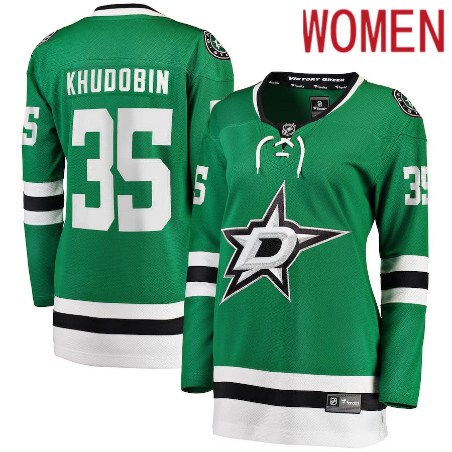 Women Dallas Stars 35 Anton Khudobin Fanatics Branded Kelly Green Home Breakaway Player NHL Jersey